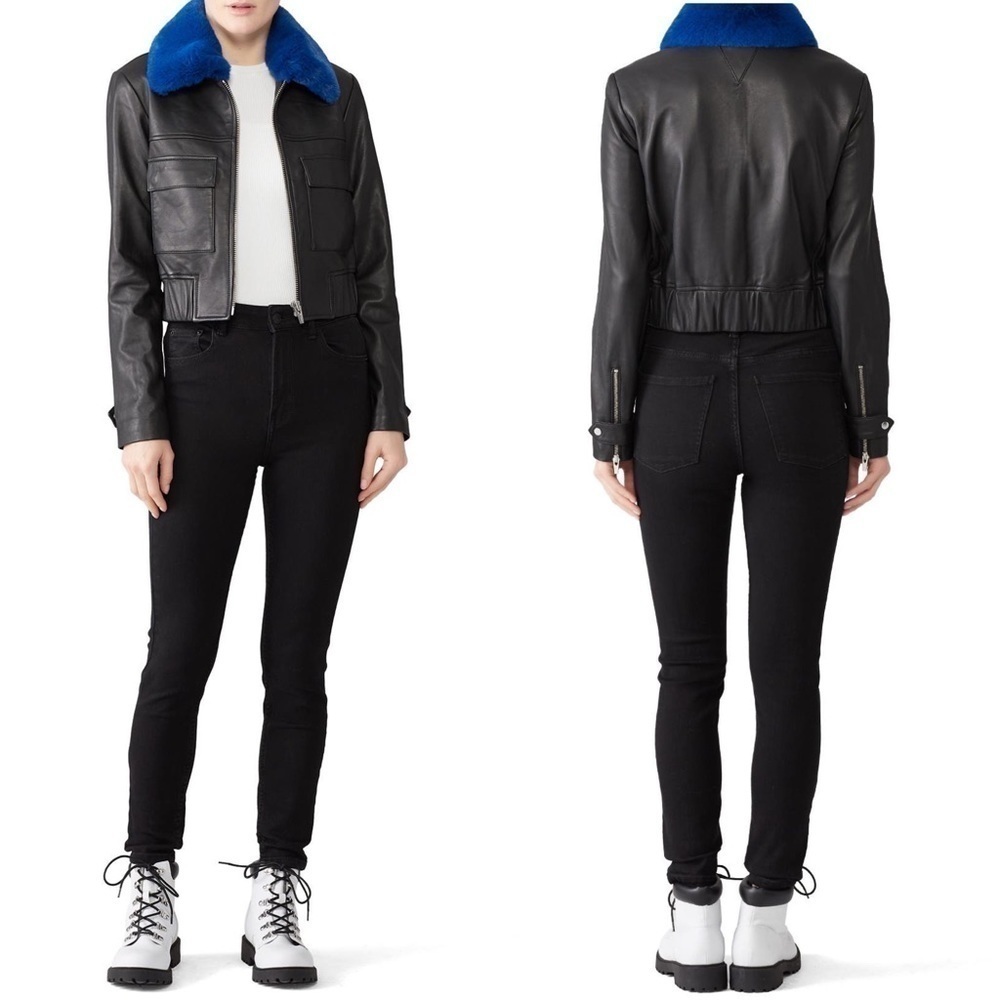VEDA Lamb Leather Faux Fur Collar Cropped Y2K Penny Lane Biker Bomber Jacket L‎ - Picture 4 of 13